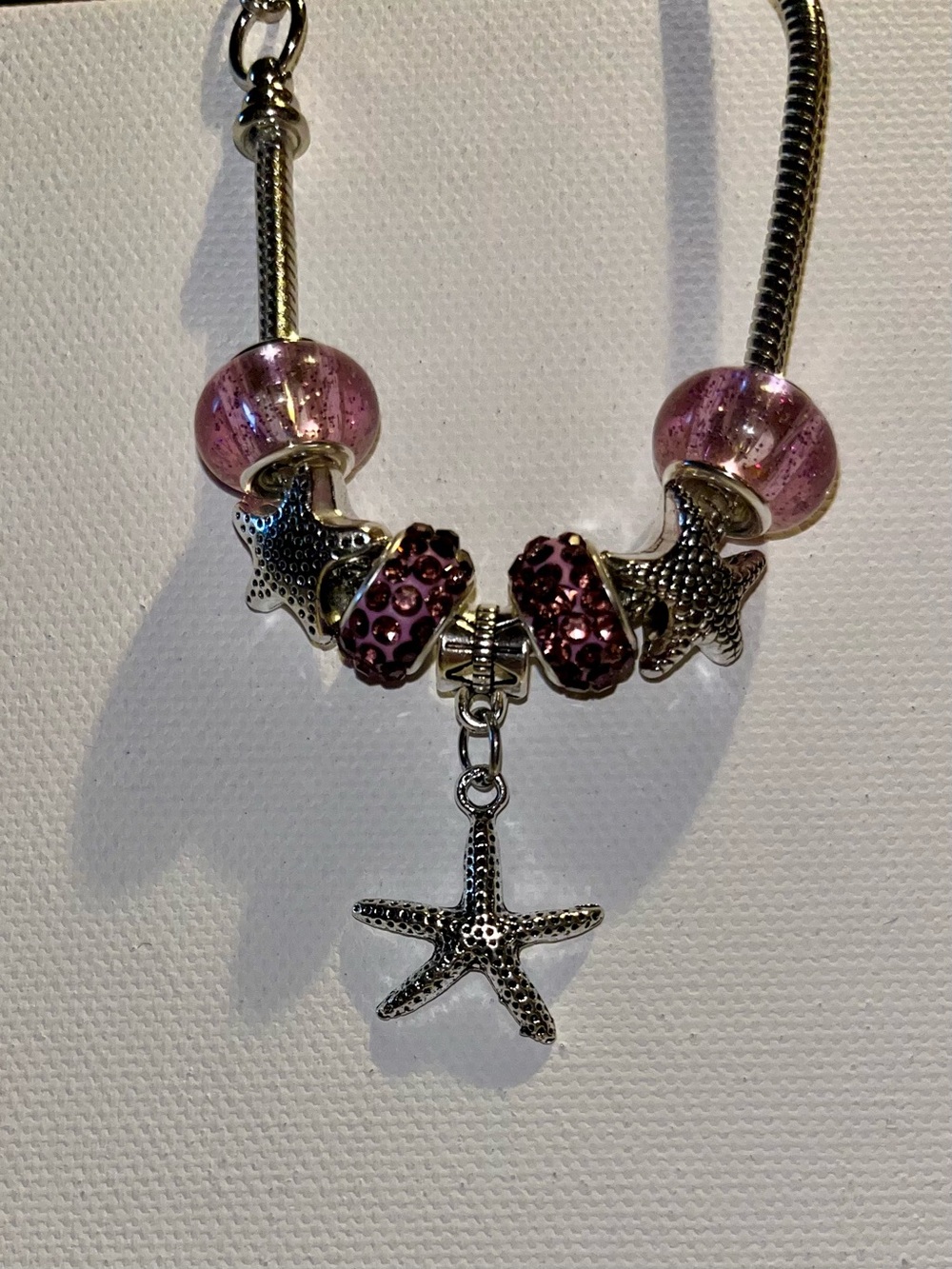 Silver Snake Chain Charm Bracelet w/Starfish Charms & Rhinestone & Pink Accents